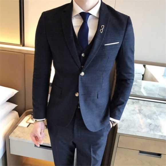 Mens Suits Sets 3 Pcs Slim Fit Coats Tuxedos Groom Groomsman Formal Work Casual - Picture 2 of 4